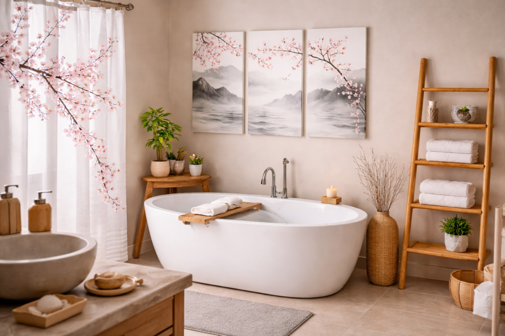 asian bathroom accessories on a wooden vanity shelf