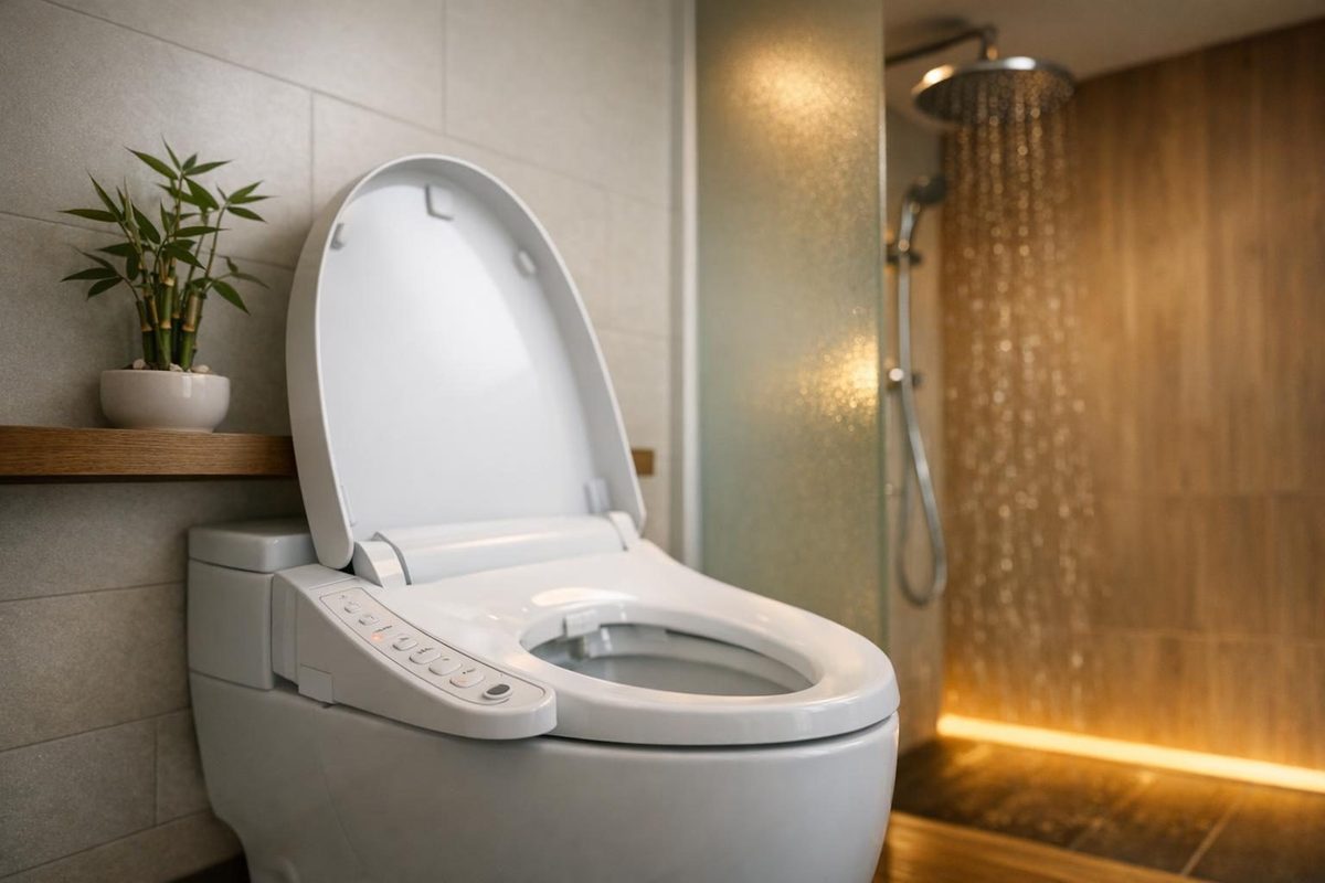 Modern Japanese-style bathroom with high-tech bidet toilet and minimalist design